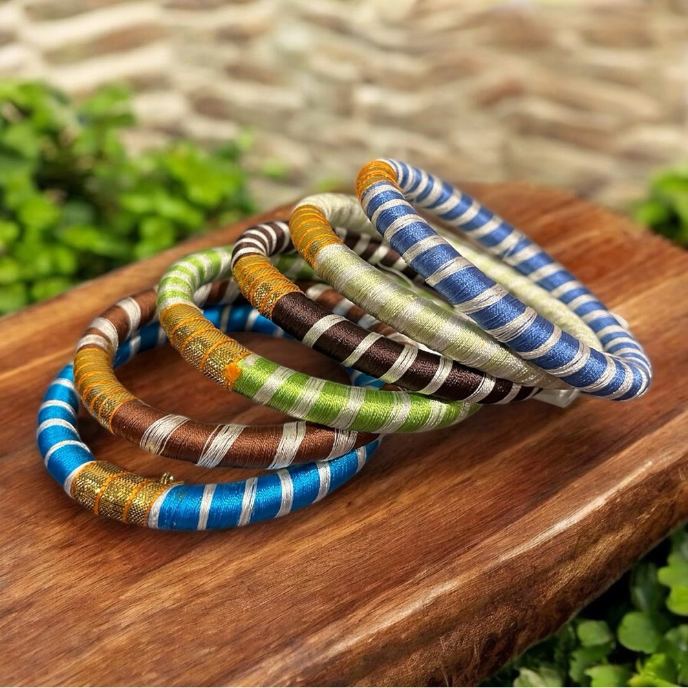 Stacked Multicolor Striped Beaded Bracelets - Blue, Green, Brown & Gold - Picture 4 of 5